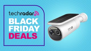 Baseus security camera on blue background with text 'TechRadar Black Friday deals'