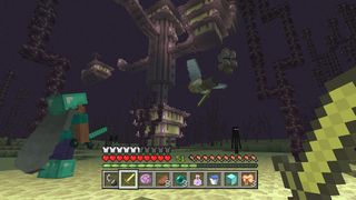 Minecraft netherite - several players look up at an End City in the End