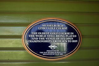 A commemorative plaque on the wall of starters hut at the 9 hole course at Musselburgh Links Old Golf Course. Credit: Getty Images