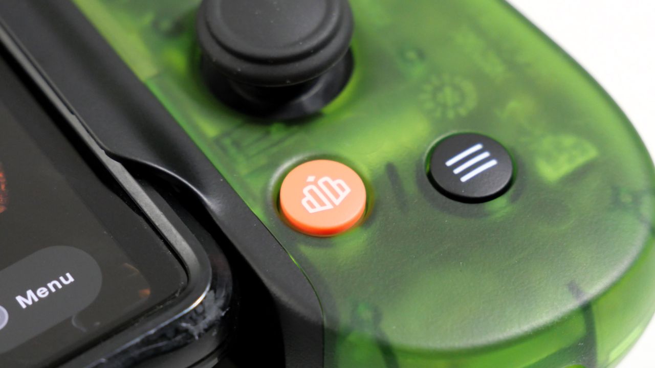 Backbone One Xbox mobile controller, highlighting the pause and Backbone buttons.