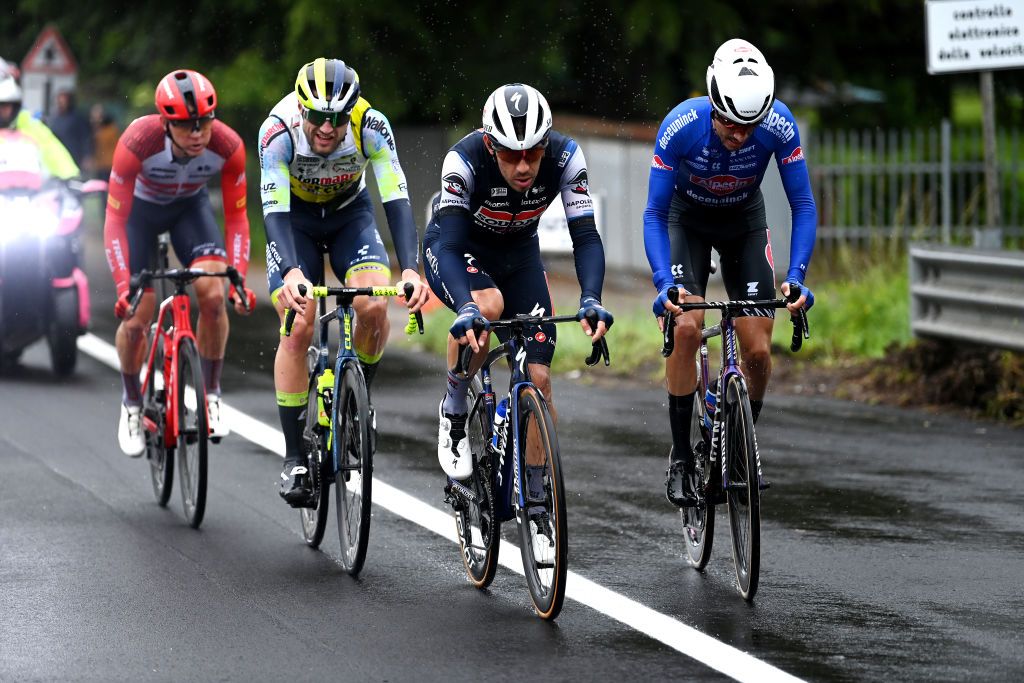 Laurenz Rex of Belgium and Team Intermarch&eacute; - Circus - Wanty, Davide Ballerini of Italy and Team Soudal - Quick Step and Stefano Oldani of Italy and Team Alpecin-Deceuninck compete in the breakaway