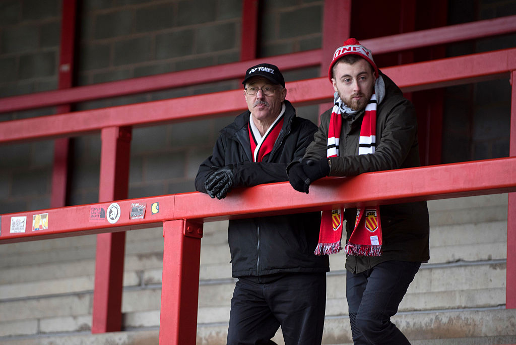 United of Manchester Fans look on during the National League North match between FC United of Manchester v Salford City at the Broadhurst Park on January 28, 2017 in Manchester, England.