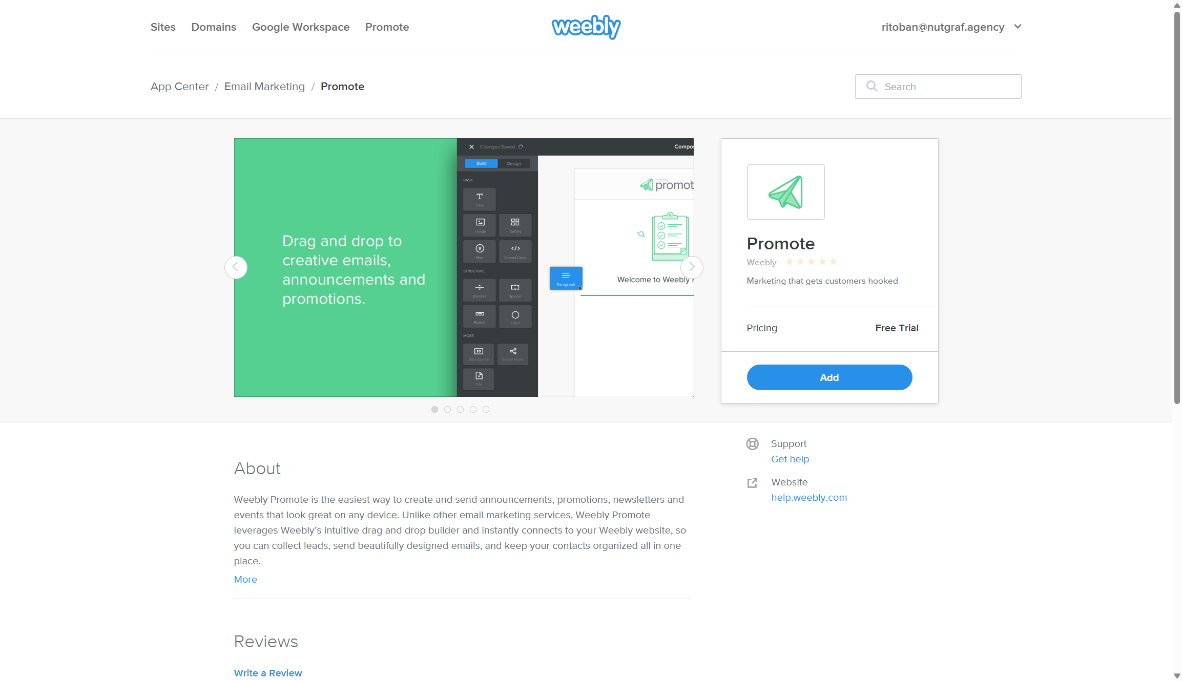 Screenshot of Weebly email marketing platform