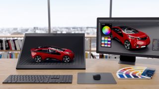 Sony Electronics' Spatial Reality Display on a desk showing a red car in 3D. 