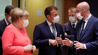 Angela Merkel, Emmanuel Macron and Charles Michel 