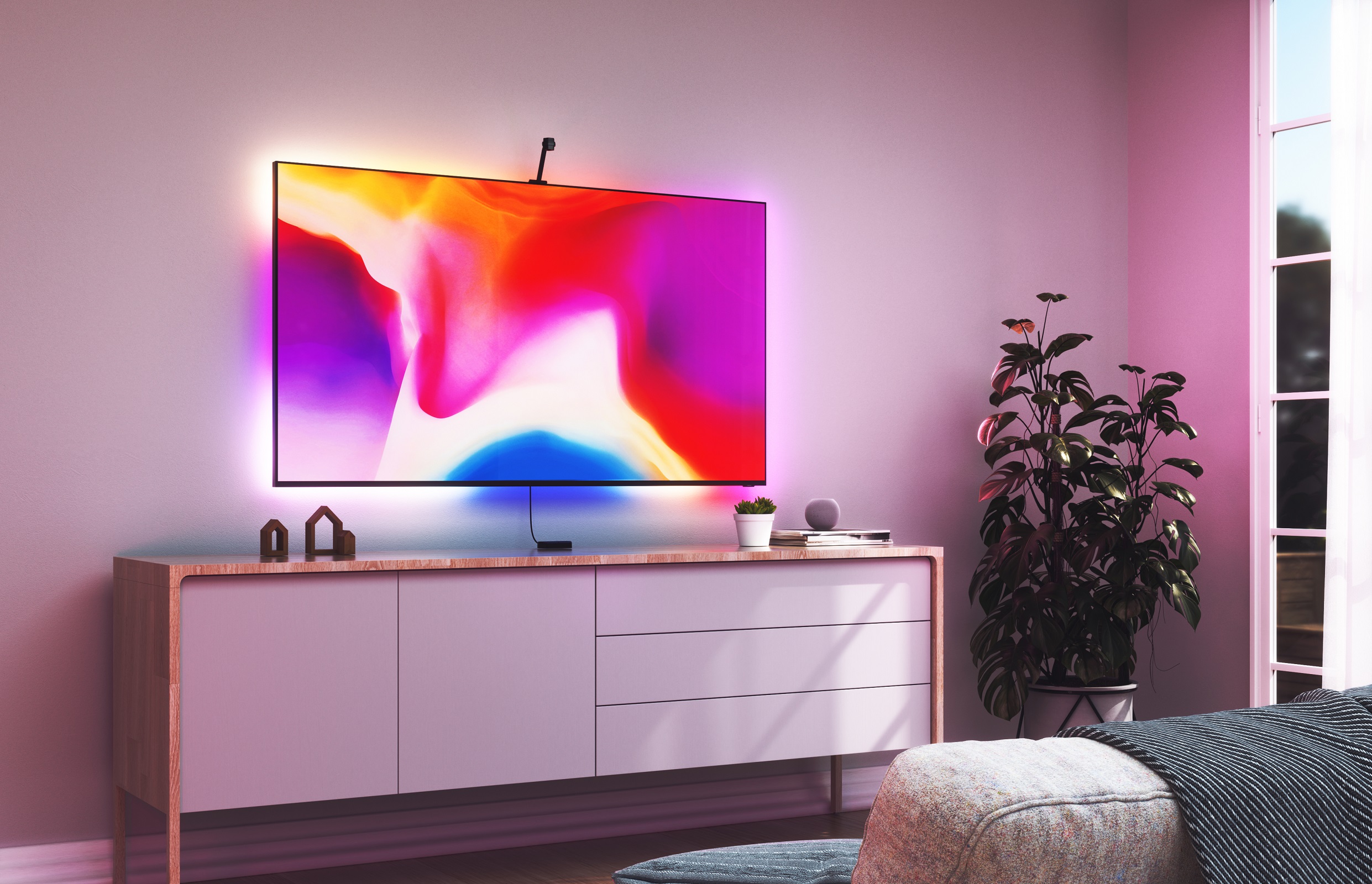 Nanoleaf_4D_Wohnzimmer_mit_Fernseher_und_intelligenten_Lichtern