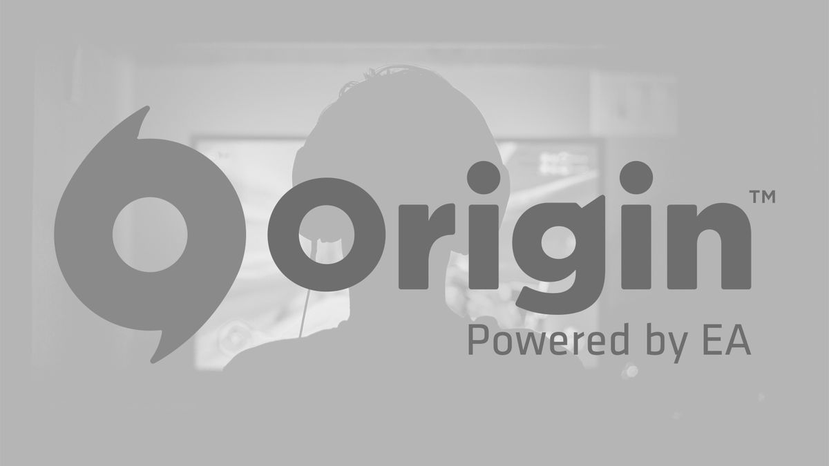 black and white Origin logo in front of a gamer