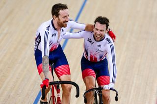 Bradley Wiggins and Mark Cavendish can't contain their joy after winning the madison