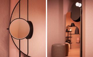 Two side-by-side interior photos of Studiopepe’s Club Unseen. The first photo features two round mirrors with a black frame. And the second photo is of a patterned pouffe and a tall rectangular mirror with curved edges and a round mirror at the top. Both spaces have pink, textured walls