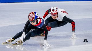 South Korea's Minjeong Choi being chased by Canada's Courtney Sarault in Short-Track Speed Skating at the 2026 Winter Olympics