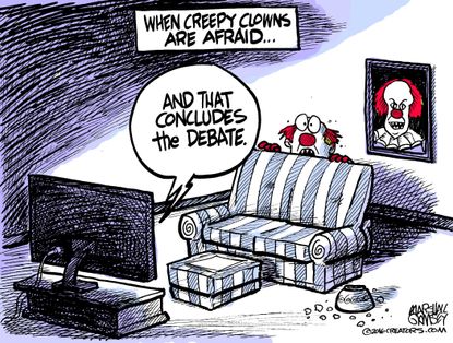 Editorial cartoon U.S. Creepy clowns afraid of debate