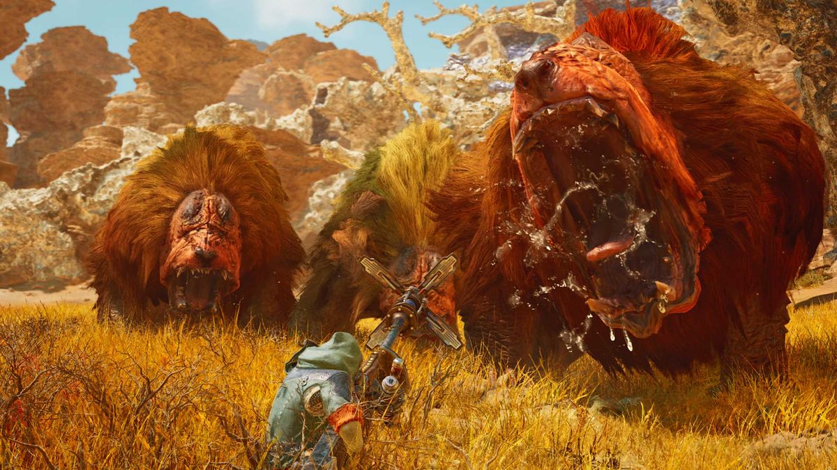 Monster Hunter Wilds - a hunter faces off against Doshaguma in a field