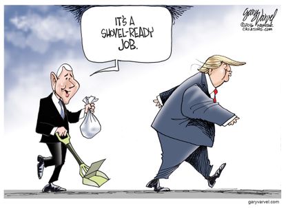 Political cartoon U.S. Donald Trump pooper scooper