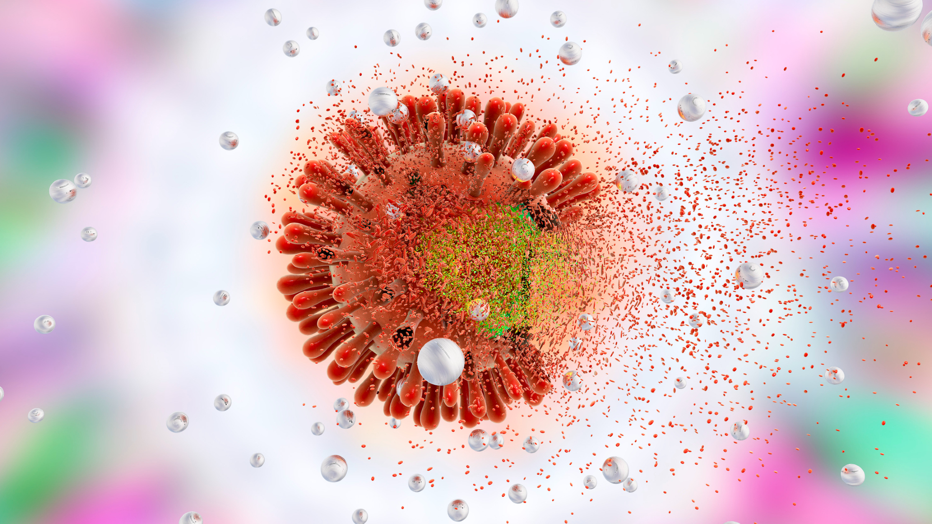 An illustration of a 3D sphere with red spikes on it getting dissolved into yellow and red particles in a clear fluid with bubbles all around
