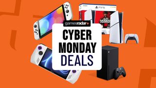 Cyber Monday deals badge with consoles on an orange background