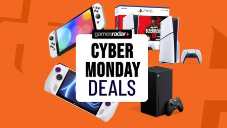 Cyber Monday deals badge with consoles on an orange background