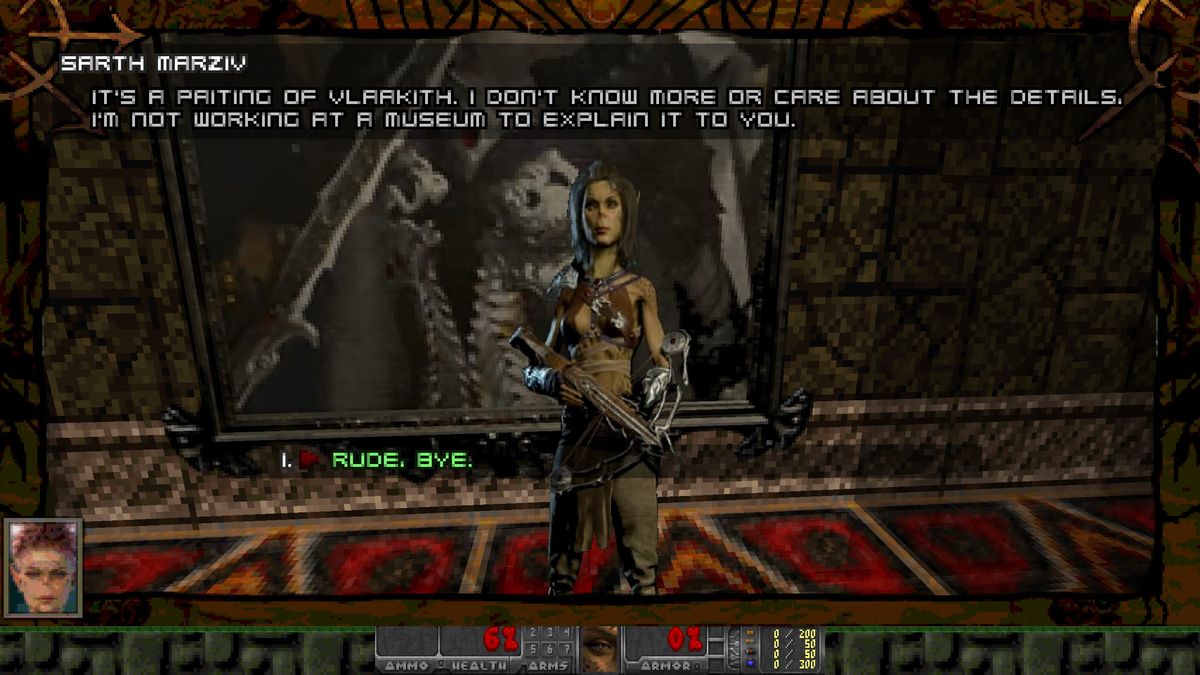Screenshot of Githmap Doom WAD showing Baldur's Gate 3 assets made into sprites in a Doom map with various medieval accoutrements under an alien sky