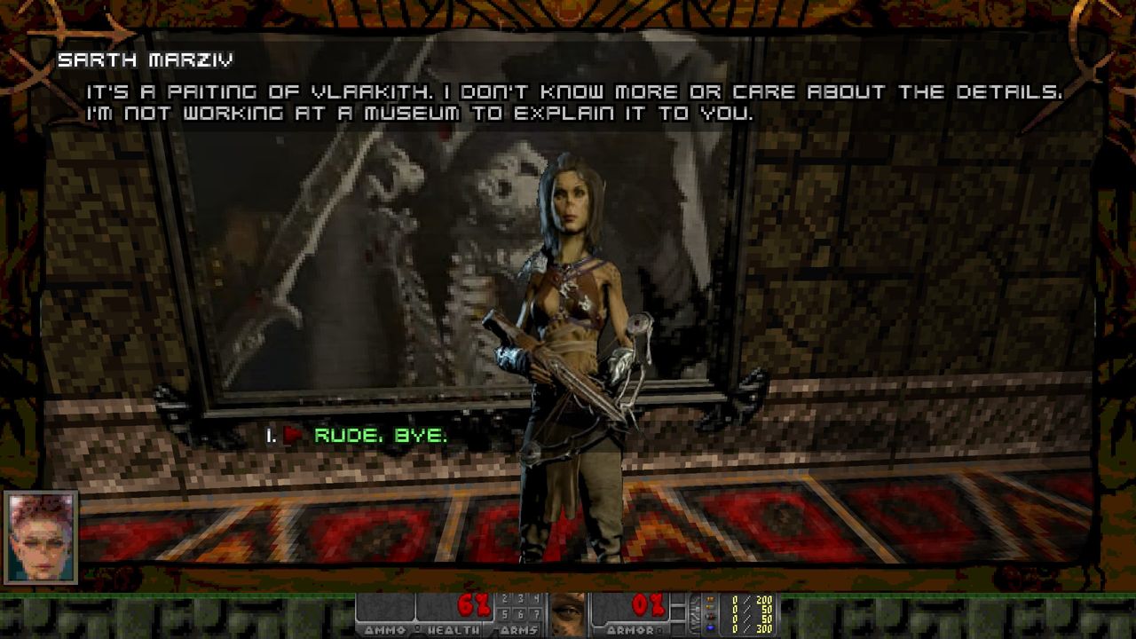 Screenshot of Githmap Doom WAD showing Baldur's Gate 3 assets made into sprites in a Doom map with various medieval accoutrements under an alien sky