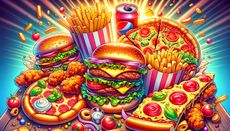 A colourful and lively cartoon style image featuring an assortment of tasty fast food items, including burgers, pizza, and fried chicken