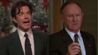 John Mulaney during his monologue on Everybody's Live with John Mulaney, pictured next to a befuddled looking Gene Hackman in The Birdcage.