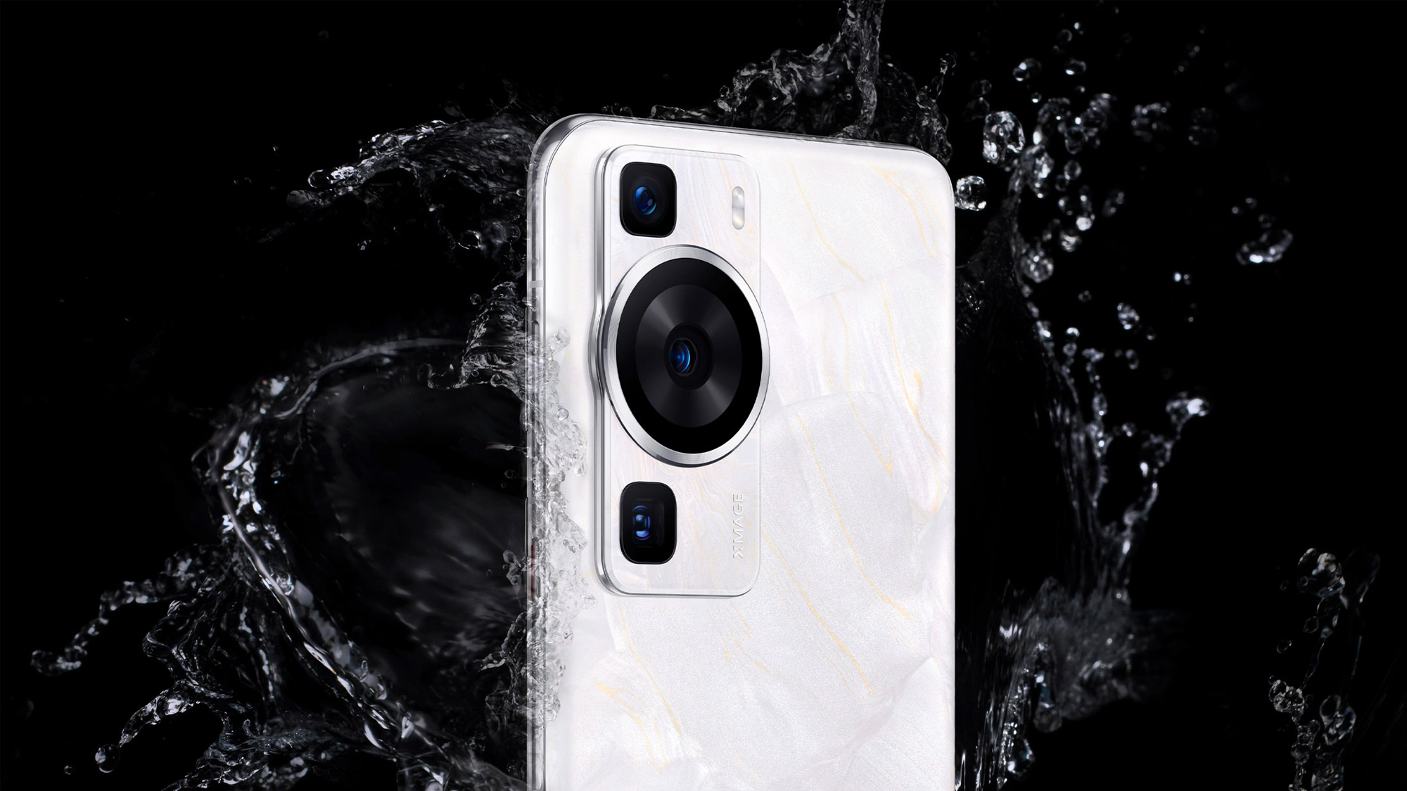 Huawei P60 Rococo Pearl camera closeup with water press image