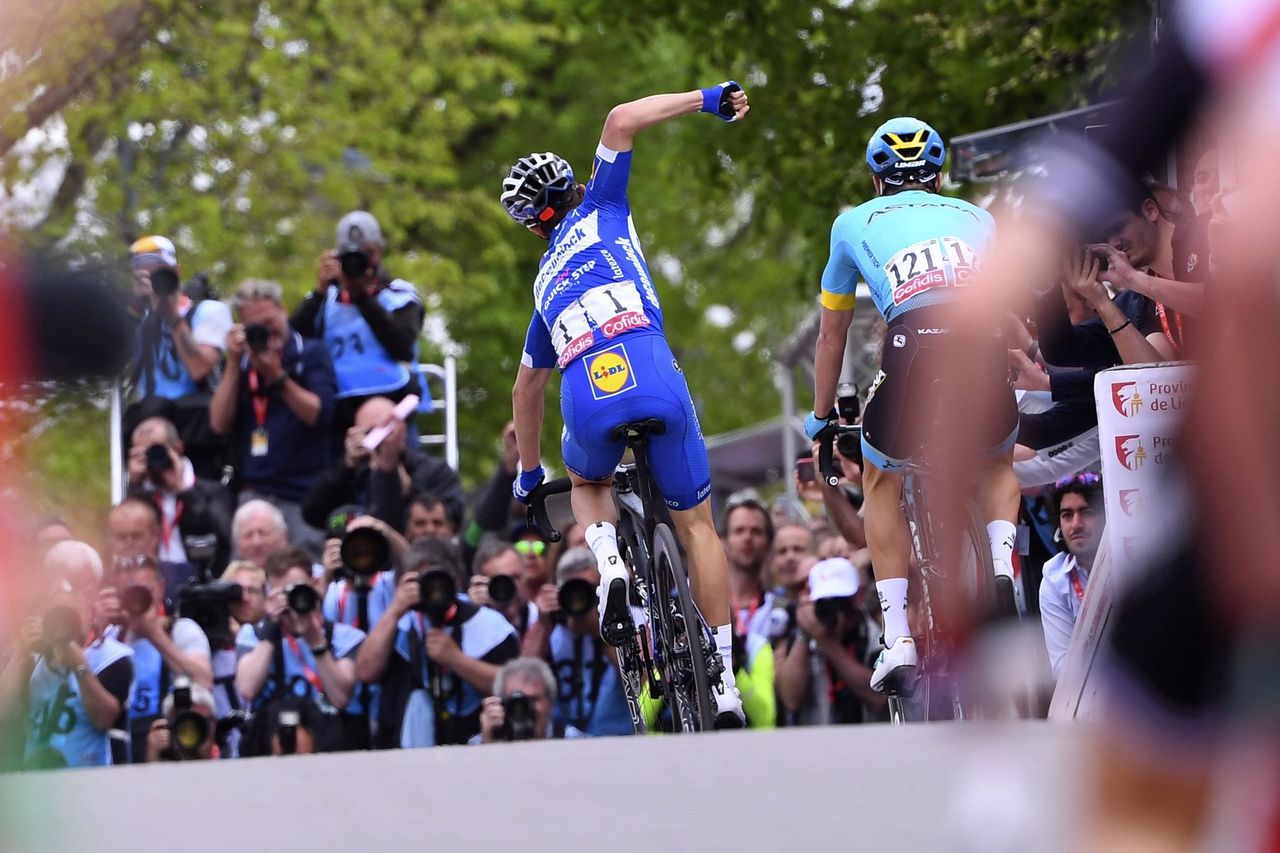 Julian Alaphilippe (Deceuninck-QuickStep) celebrates Fleche Wallonne victory.