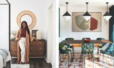 Left: Interior designer Enass Mahmoud stands in a bright bedroom, leaning against a textured wood dresser with a sunburst rattan mirror above. Right: A modern dining room features a dark wood table, bold teal and green patterned chairs, and three cone-shaped pendant lights.