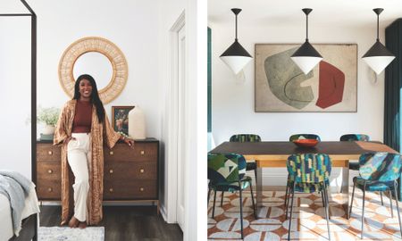 Left: Interior designer Enass Mahmoud stands in a bright bedroom, leaning against a textured wood dresser with a sunburst rattan mirror above. Right: A modern dining room features a dark wood table, bold teal and green patterned chairs, and three cone-shaped pendant lights.