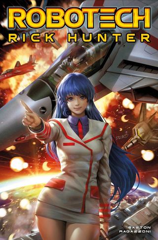 Another cover for "Robotech: Rick Hunter #1," showing a blue-haired young woman standing in front of fighter jets with explosions in the background.
