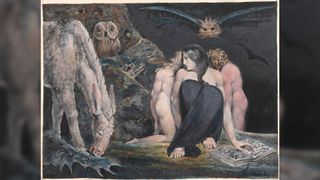 Painting by William Blake of Hecate, the Roman goddess of witchcraft. Here we see a woman with long dark hair wearing a long dark dress. Behind her is a naked man and woman, "hiding their heads behind her back. Her left hand lies on a book of magic; her left foot is extended. She is attended by a thistle-eating ass, the mournful owl of false wisdom, the head of a crocodile (blood-thirsty hypocrisy), and a cat-headed bat."