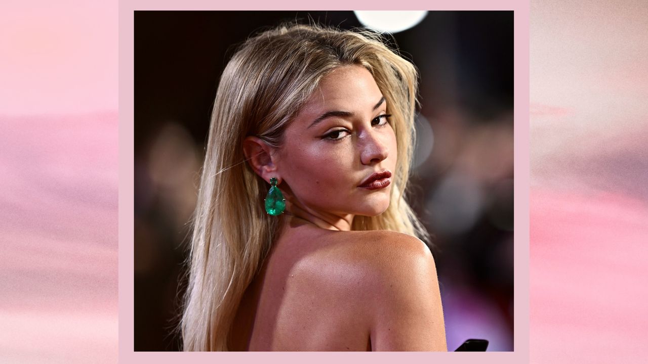 Madelyn Cline attends the &quot;Glass Onion: A Knives Out Mystery&quot; European Premiere Closing Night Gala during the 66th BFI London Film Festival at The Royal Festival Hall on October 16, 2022 in London, England/ in a pink and grey gradient template