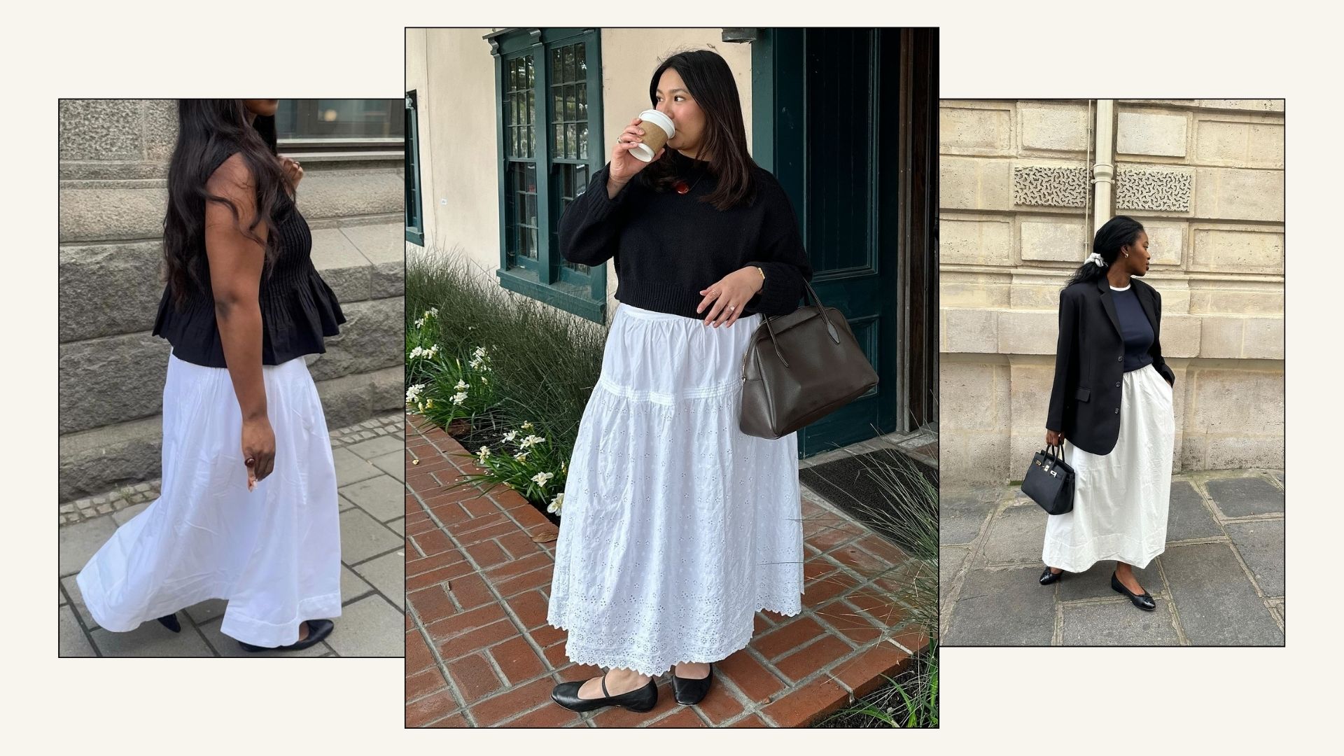Influencers wear white skirts with black ballet flats.