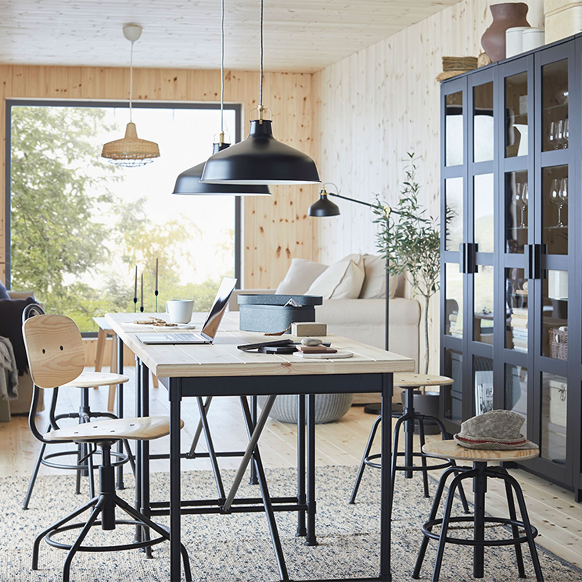 Home office layout ideas with work table and stools