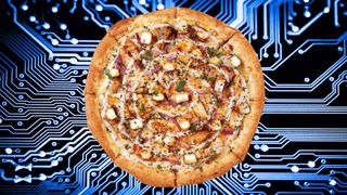 Dodo Pizza&#039;s ChatGPT &quot;Chicken Shawarma AI- generated pizza&quot; on a computer chip background