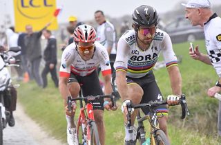 Silvan Dillier (AG2R La Mondiale) with Peter Sagan in the breakaway at 2018 Paris-Roubaix