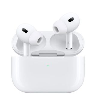 The Apple Airpods Pro 2 with charging case on a white background.