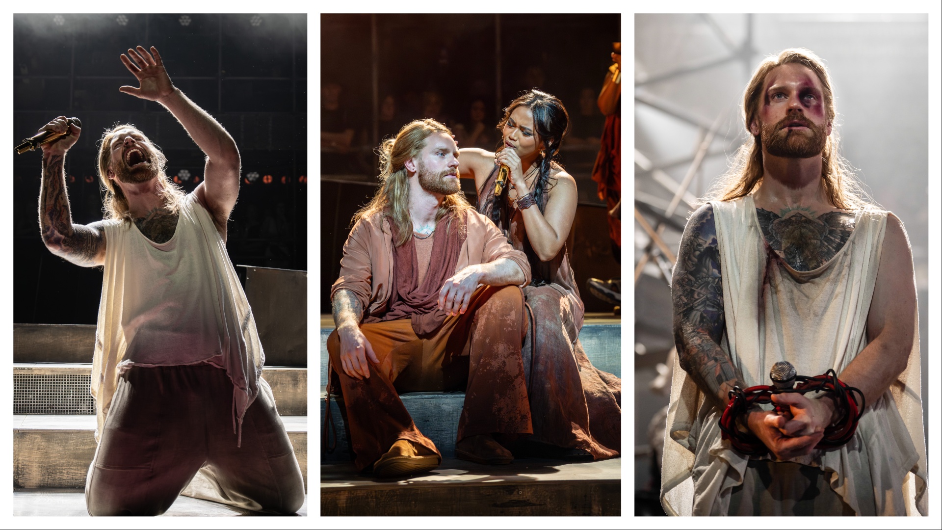 three production images from jesus christ superstar showing Sam Ryder as Jesus Christ in three different scenes across the musical