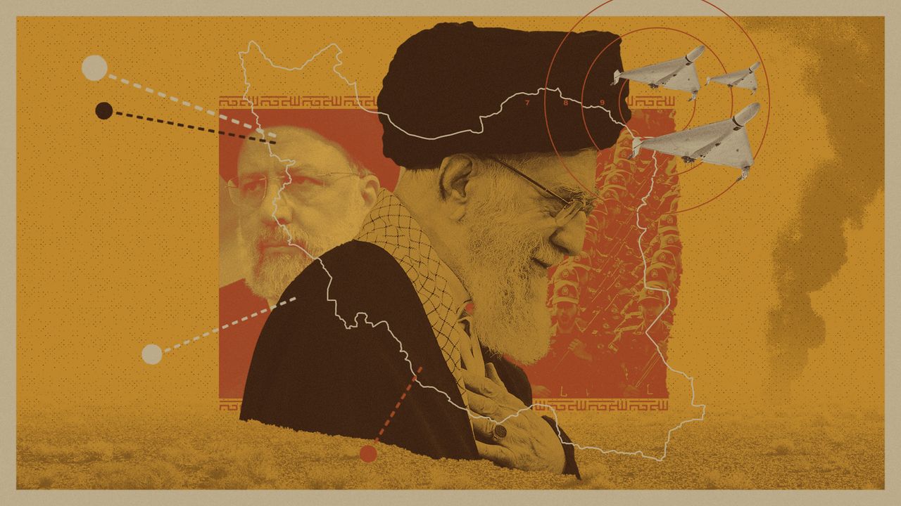 Photo composite of Iran&#039;s President Ebrahim Raisi, Supreme Leader Ali Khamenei, the Islamic Revolutionary Guard Corps and Shahed drones