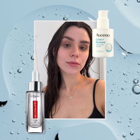 drugstore serums with a blue background and a selfie of siena gagliano