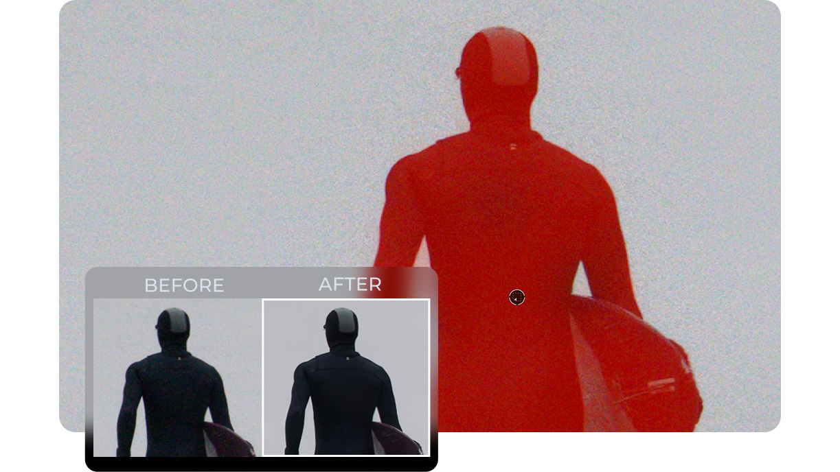 DxO PhotoLab 9 screenshot of a surfer with red mask overlay