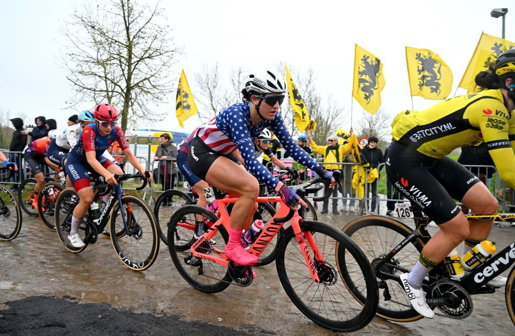 OUDENAARDE BELGIUM MARCH 31 Chloe Dygert of The United States and Team CanyonSRAM Racing competes during the 21st Ronde van Vlaanderen Tour des Flandres 2024 Womens Elite a 163km one day race from Oudenaarde to Oudenaarde UCIWWT on March 31 2024 in Oudenaarde Belgium Photo by Luc ClaessenGetty Images