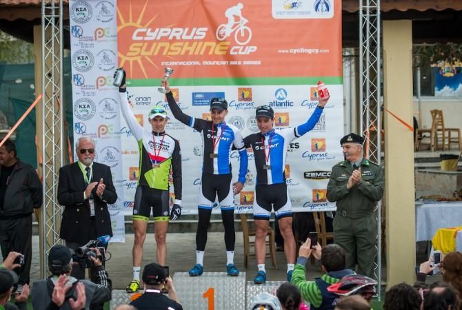 Fabian Giger and Emil Lindgren (right) shared the podium after finishing first and second on Stage 3 of the Cyprus Sunshine Cup Afxentia stage race.