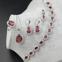 Handmade Set 4 Pc Natural Fire Red Garnet Silver Necklace Bracelet Earrings Ring