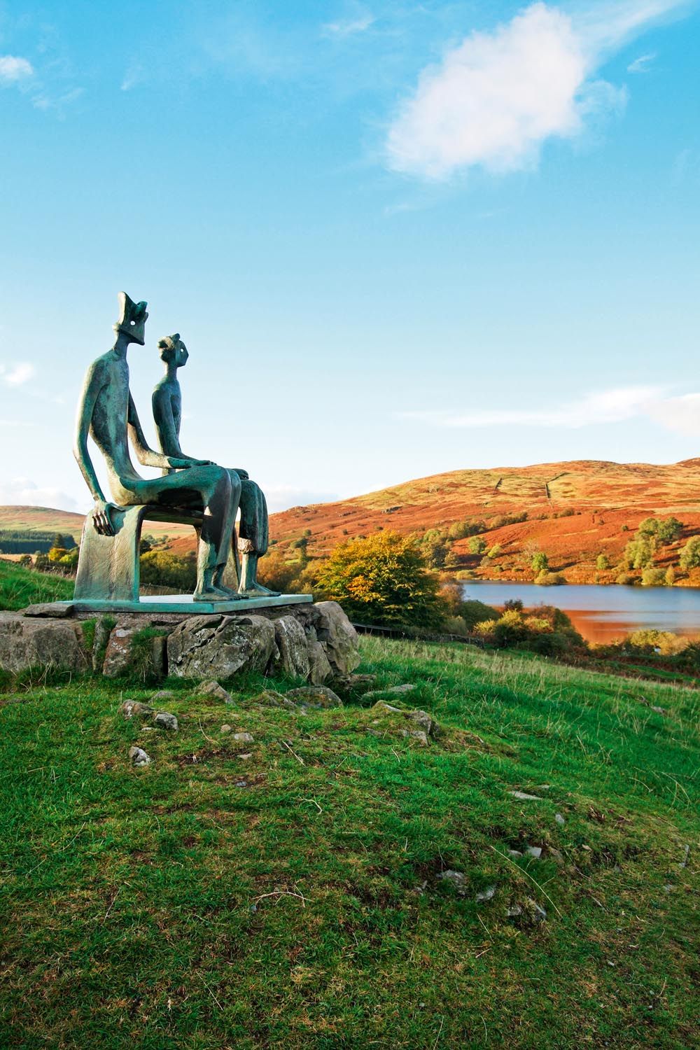 Henry Moore’s King and Queen looks out from Glenkiln Sculpture Park over the landscape of Dumfries and Galloway.