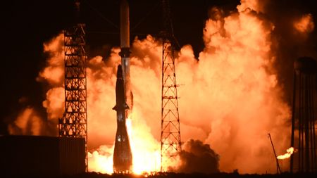 Amid fire and smoke, Blue Origin's rocket launches off from the Cape Canaveral Space Force Station in Florida