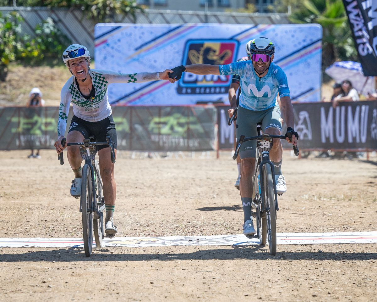Heather Jackson finishes fourth for elite women, and rides across the BWR California finish line with Alejandro Valverde, 45th for men