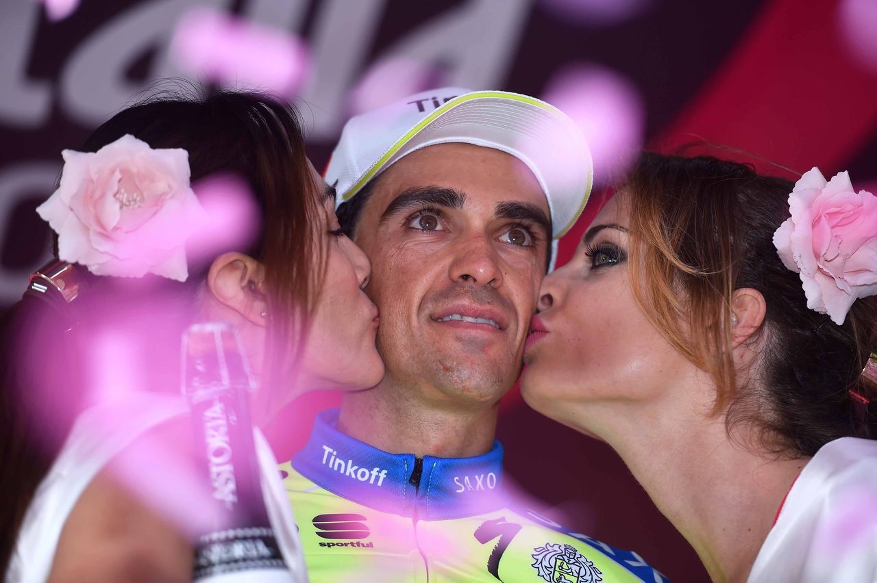 A pained Alberto Contador on the podium
