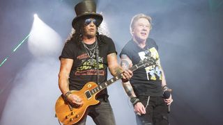 Slash and Axl Rose of Guns N' Roses perform onstage during the Power Trip music festival at Empire Polo Club on October 06, 2023 in Indio, California