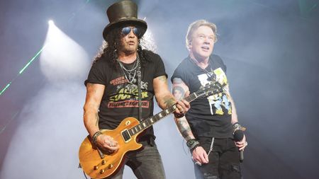 Slash and Axl Rose of Guns N' Roses perform onstage during the Power Trip music festival at Empire Polo Club on October 06, 2023 in Indio, California