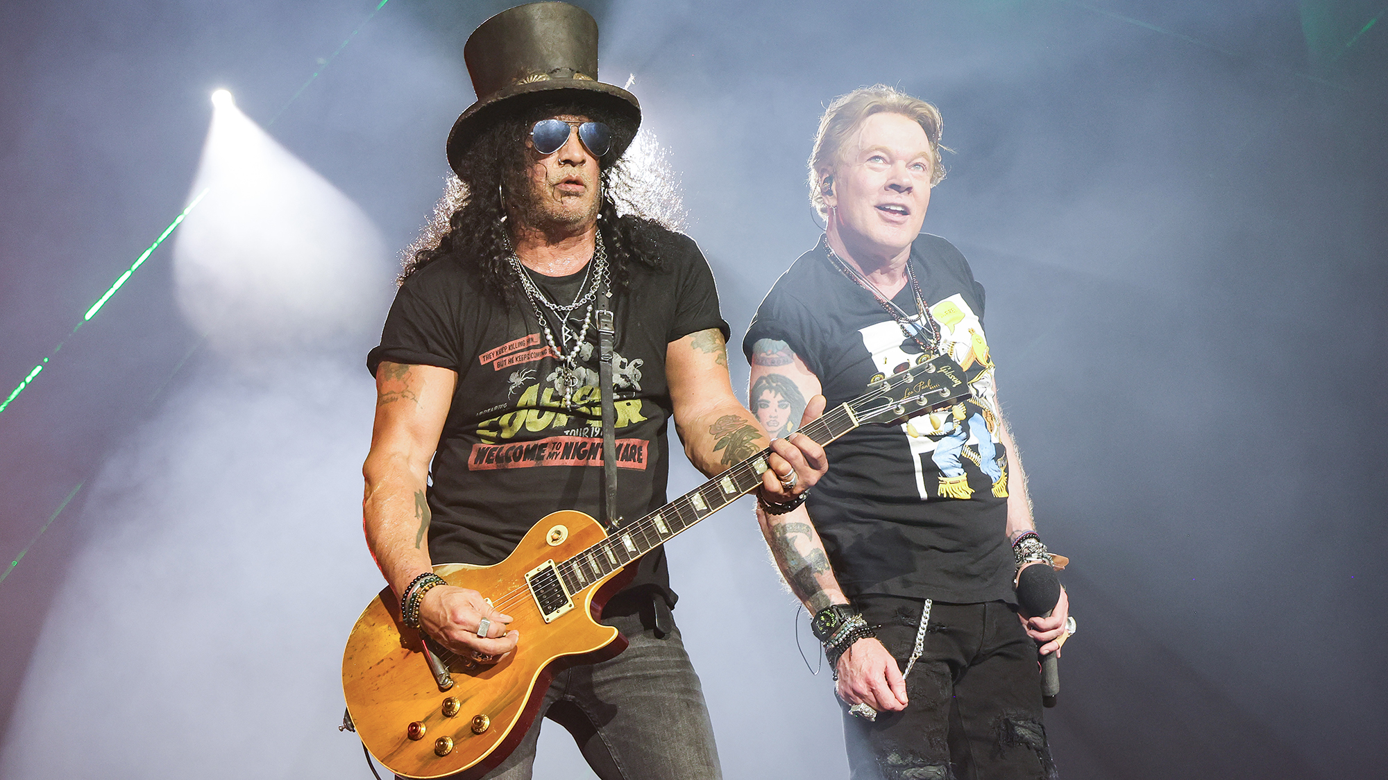 Slash and Axl Rose of Guns N&#039; Roses perform onstage during the Power Trip music festival at Empire Polo Club on October 06, 2023 in Indio, California